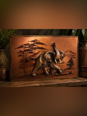 1974 ORIGINAL John Louw • COPPERAMA Signed 3D Elephant Relief African Copper Art